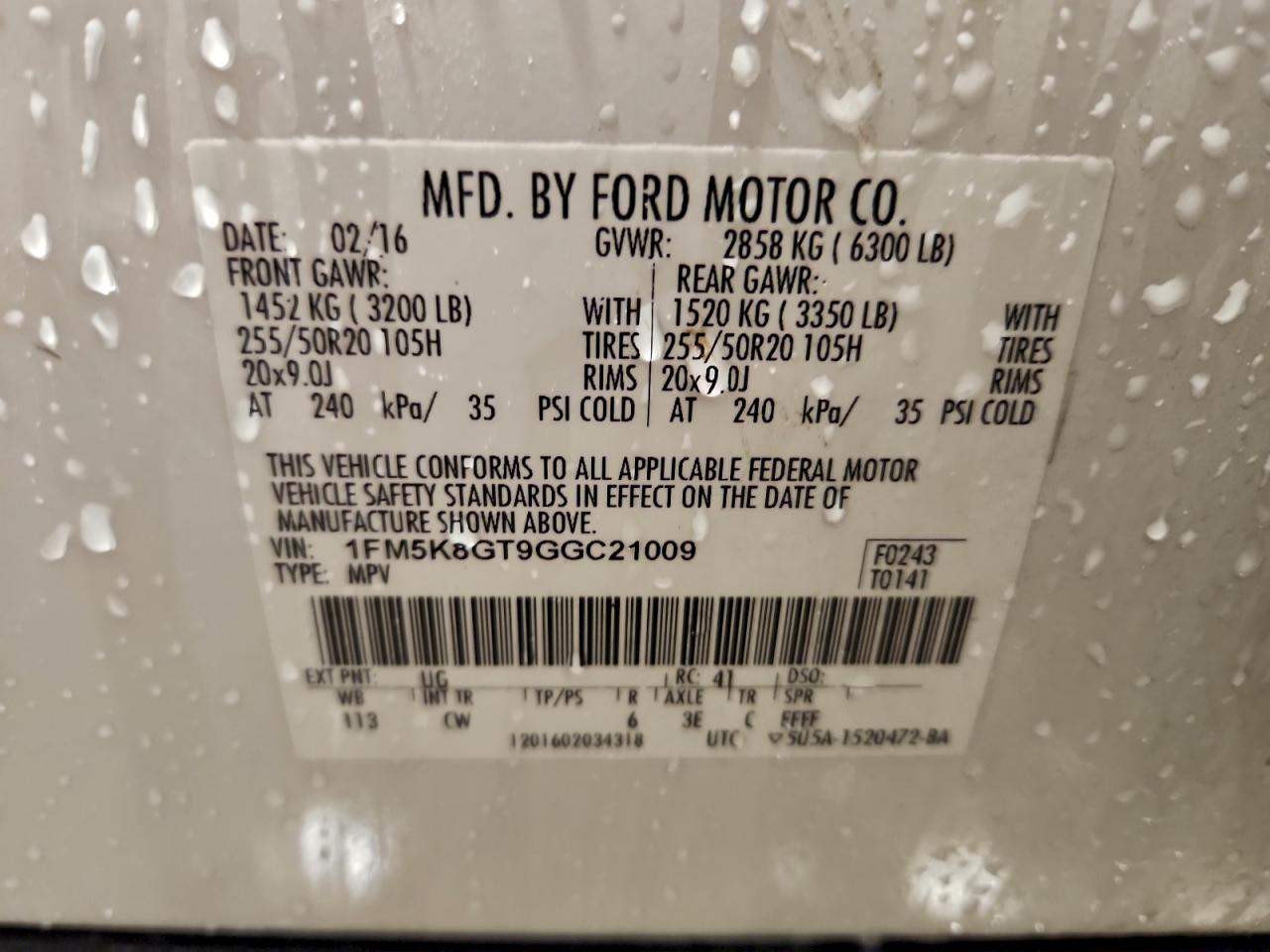 2016 Ford Explorer Sport VIN: 1FM5K8GT9GGC21009 Lot: 95508825