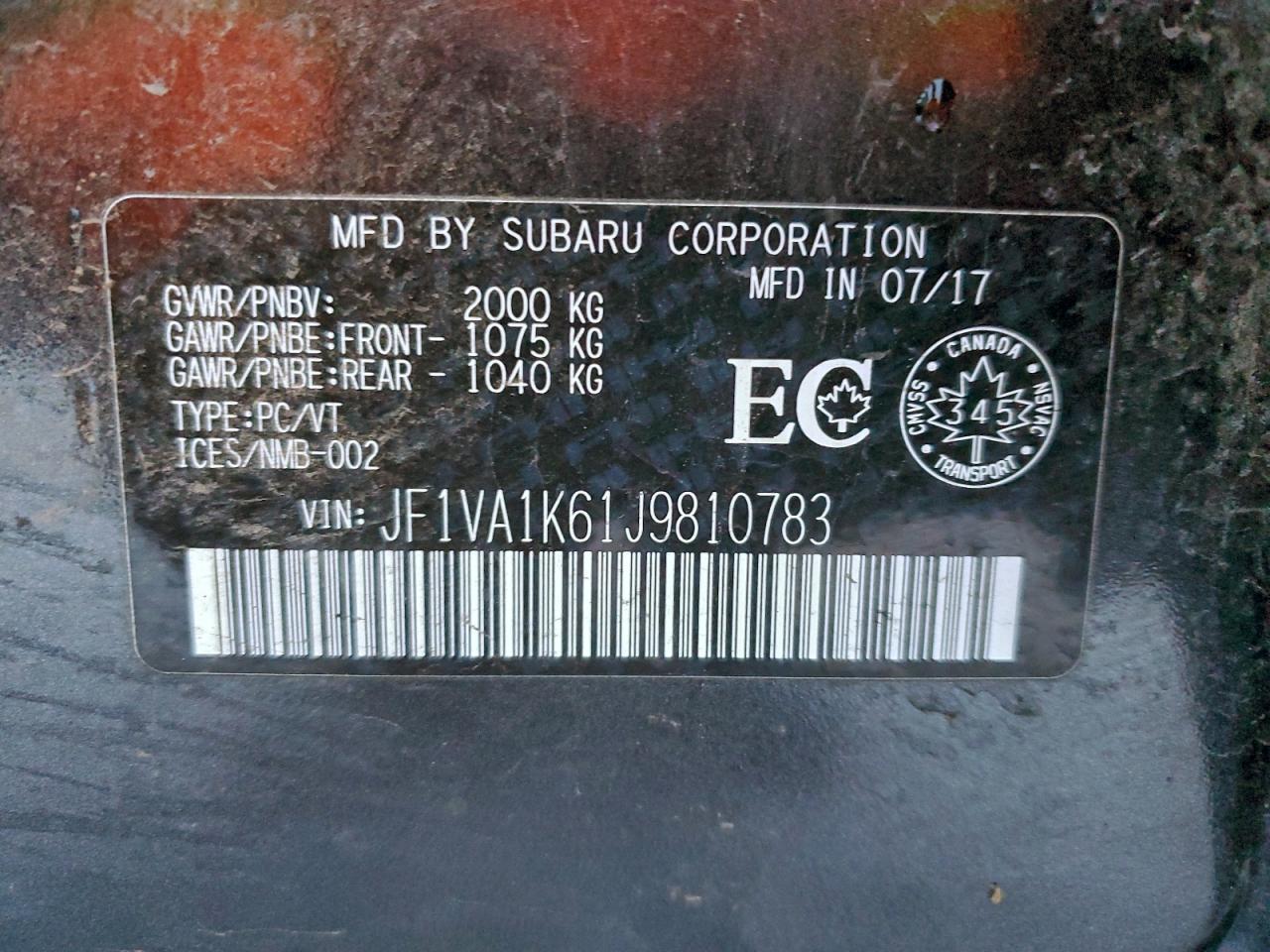 2018 Subaru Wrx Limited VIN: JF1VA1K61J9810783 Lot: 95940905