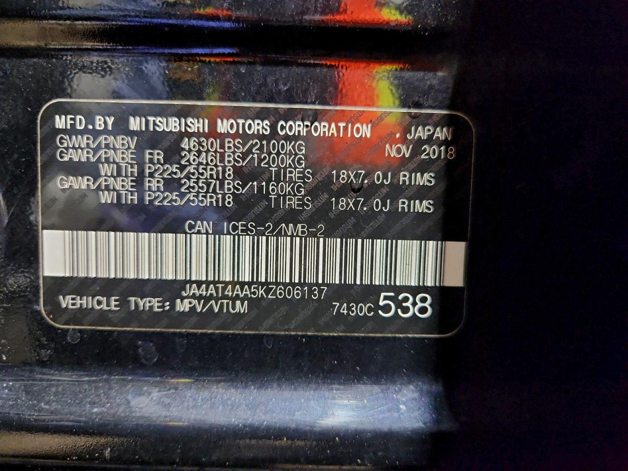 2019 Mitsubishi Eclipse Cross Le VIN: JA4AT4AA5KZ606137 Lot: 95891665