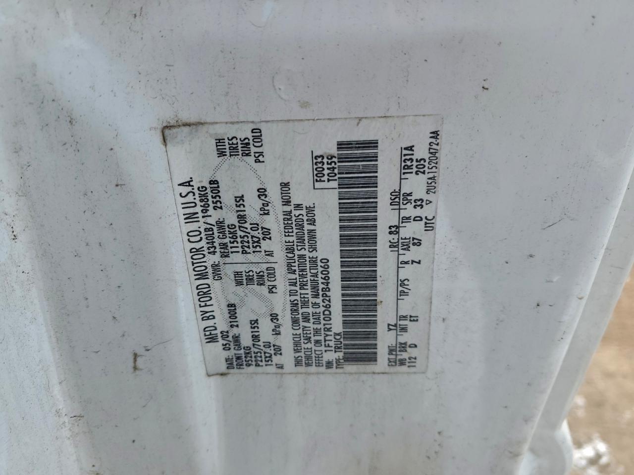 2002 Ford Ranger VIN: 1FTYR10D62PB46060 Lot: 95359265