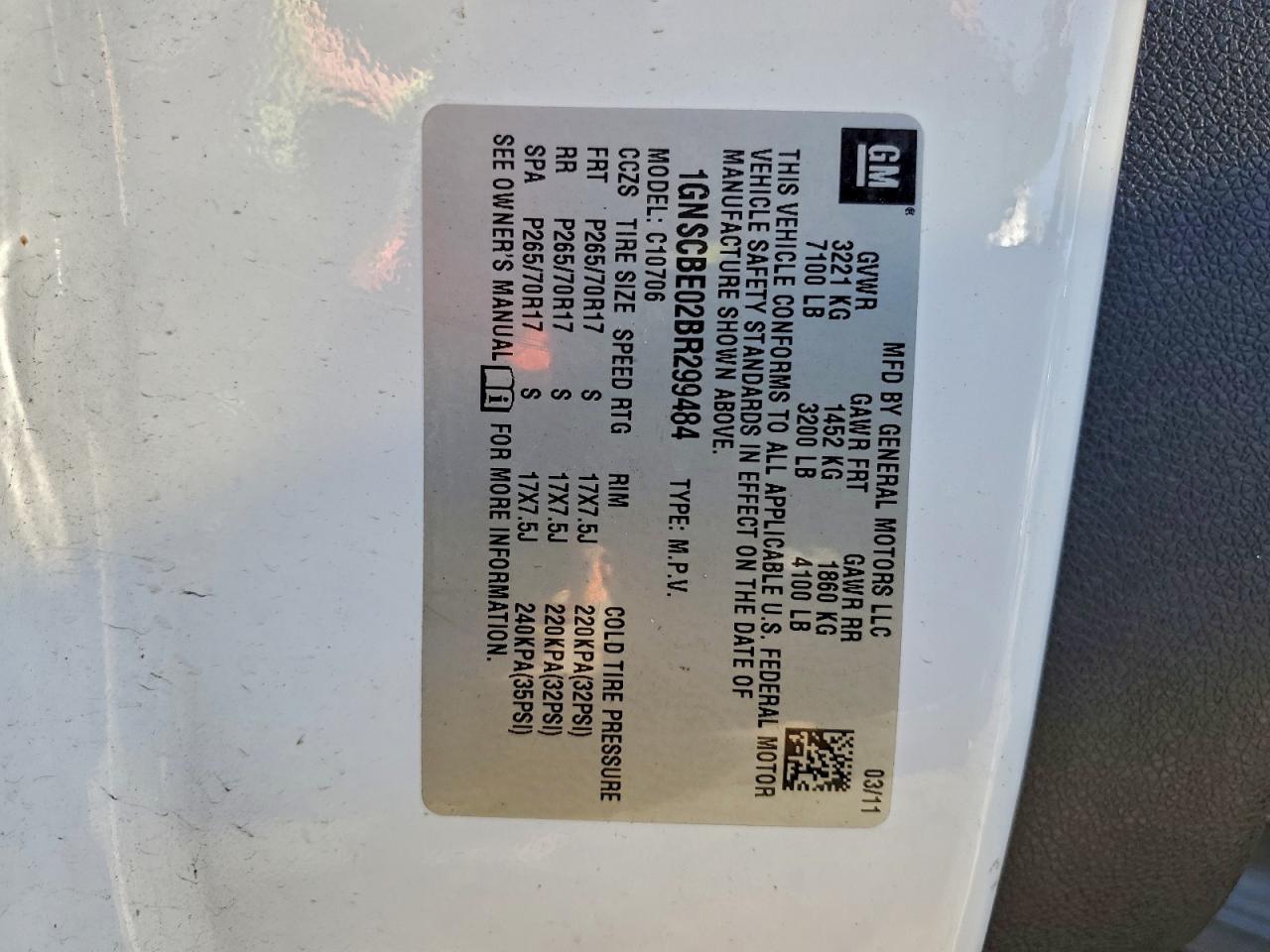 2011 Chevrolet Tahoe C1500 Lt VIN: 1GNSCBE02BR299484 Lot: 94680805