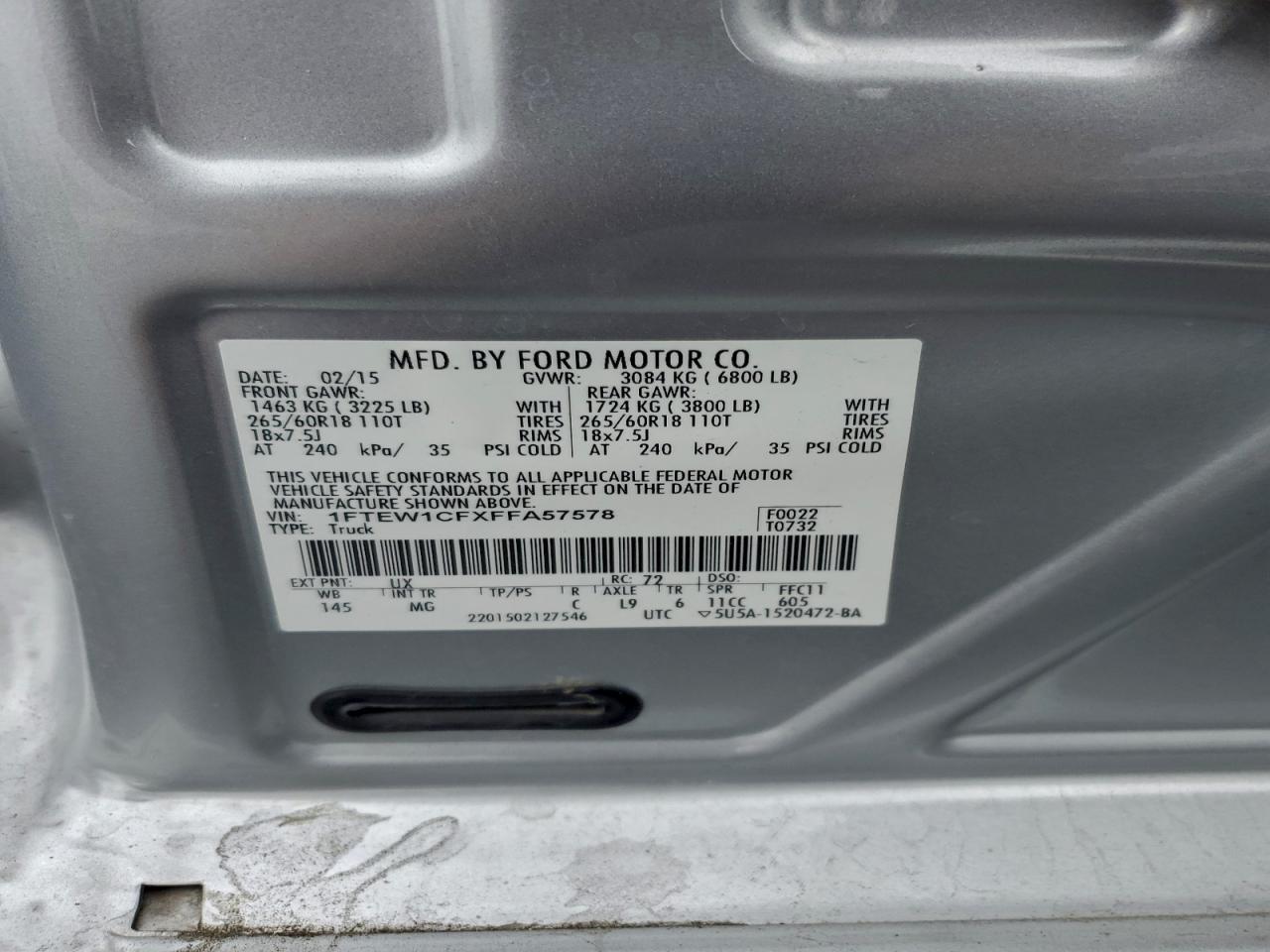 2015 Ford F150 Supercrew VIN: 1FTEW1CFXFFA57578 Lot: 95934755