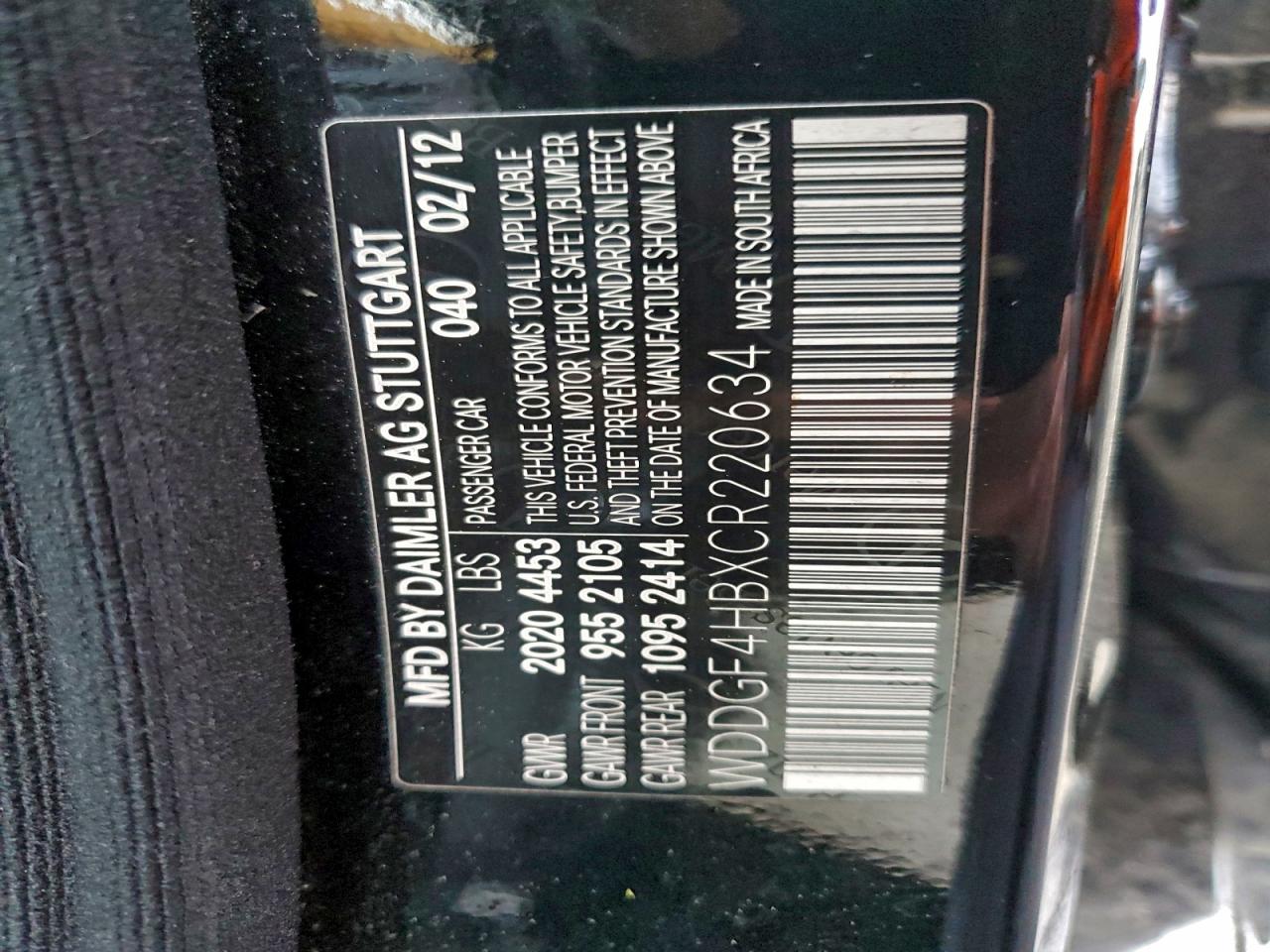 2012 Mercedes-Benz C 250 VIN: WDDGF4HBXCR220634 Lot: 96200275