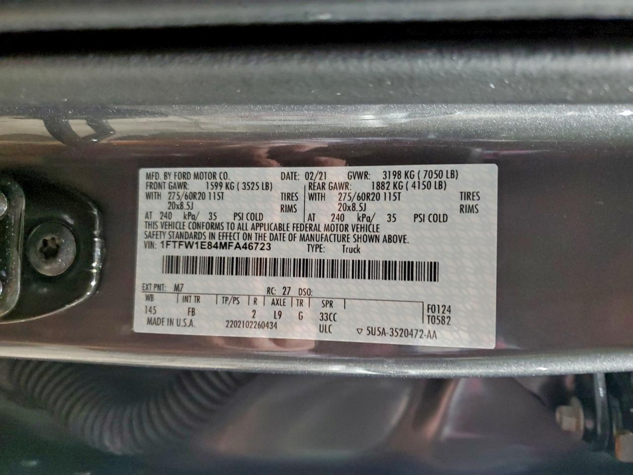 2021 Ford F150 Supercrew VIN: 1FTFW1E84MFA46723 Lot: 94700305