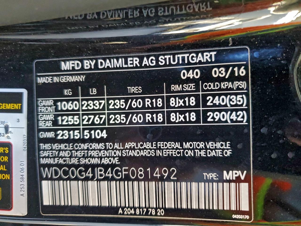 2016 Mercedes-Benz Glc 300 VIN: WDC0G4JB4GF081492 Lot: 96808205