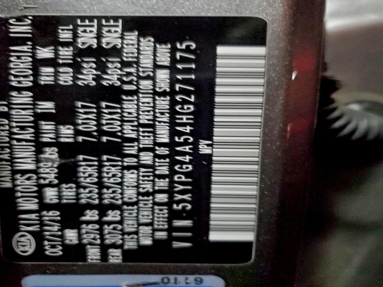 2017 Kia Sorento Lx VIN: 271175 Lot: 96629045