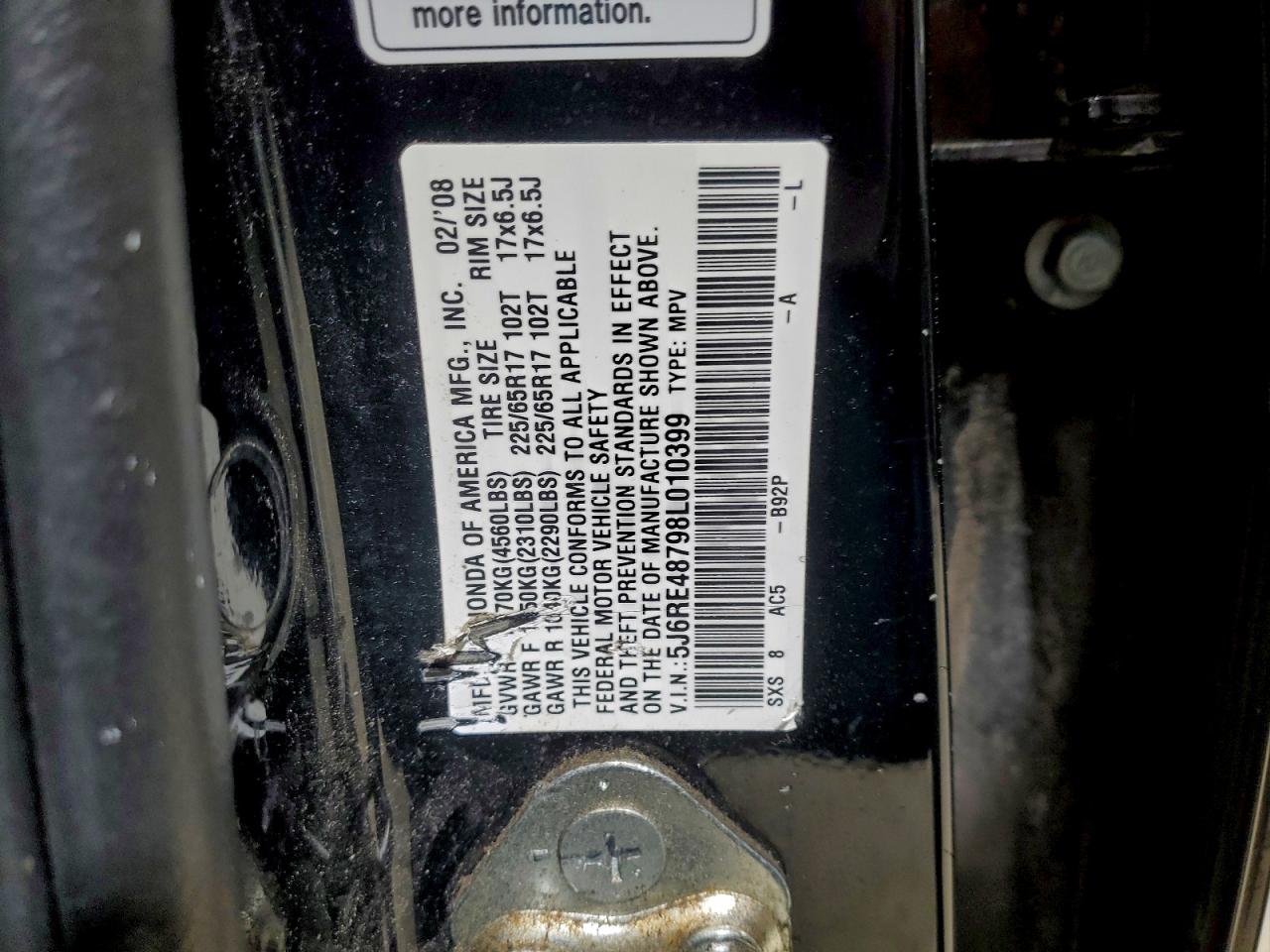 2008 Honda Cr-V Exl VIN: 5J6RE48798L010399 Lot: 96374535