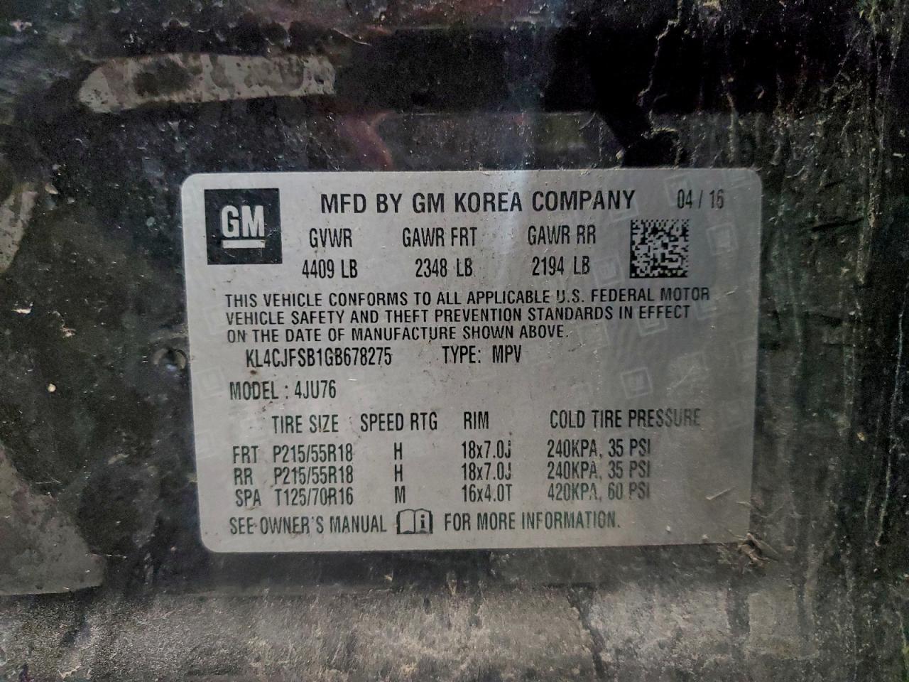 2016 Buick Encore Convenience VIN: KL4CJFSB1GB678275 Lot: 95484555