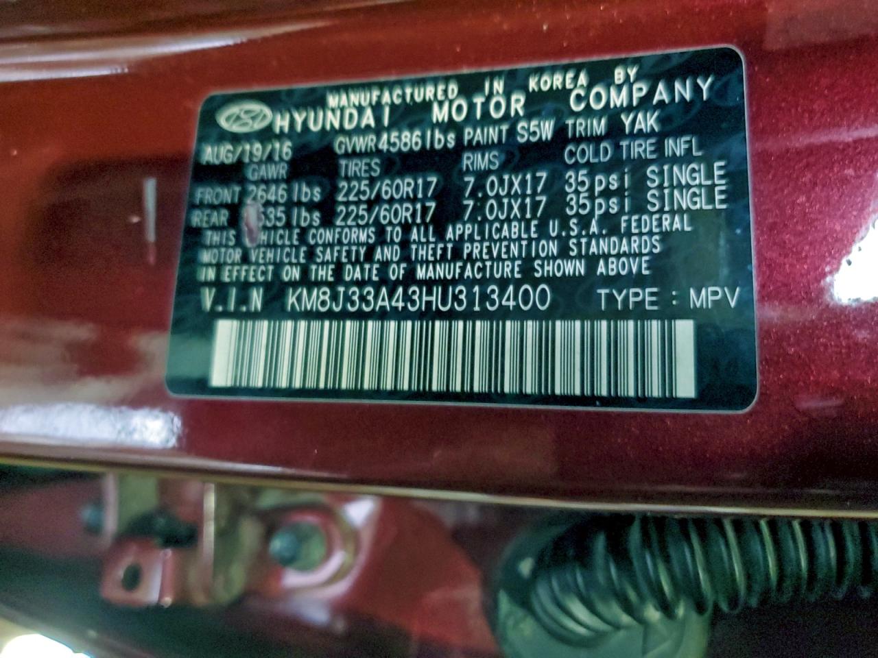 2017 Hyundai Tucson Limited VIN: KM8J33A43HU313400 Lot: 93281295