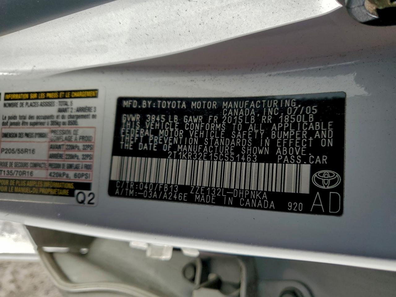 2005 Toyota Corolla Matrix Xr VIN: 2T1KR32E15C551463 Lot: 95195565