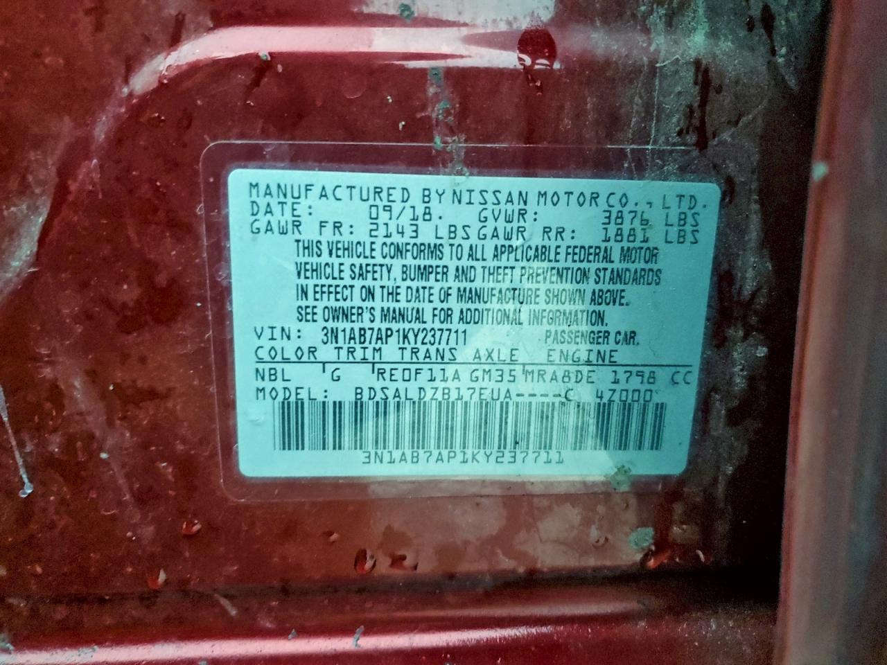 2019 Nissan Sentra S VIN: 3N1AB7AP1KY237711 Lot: 93989755