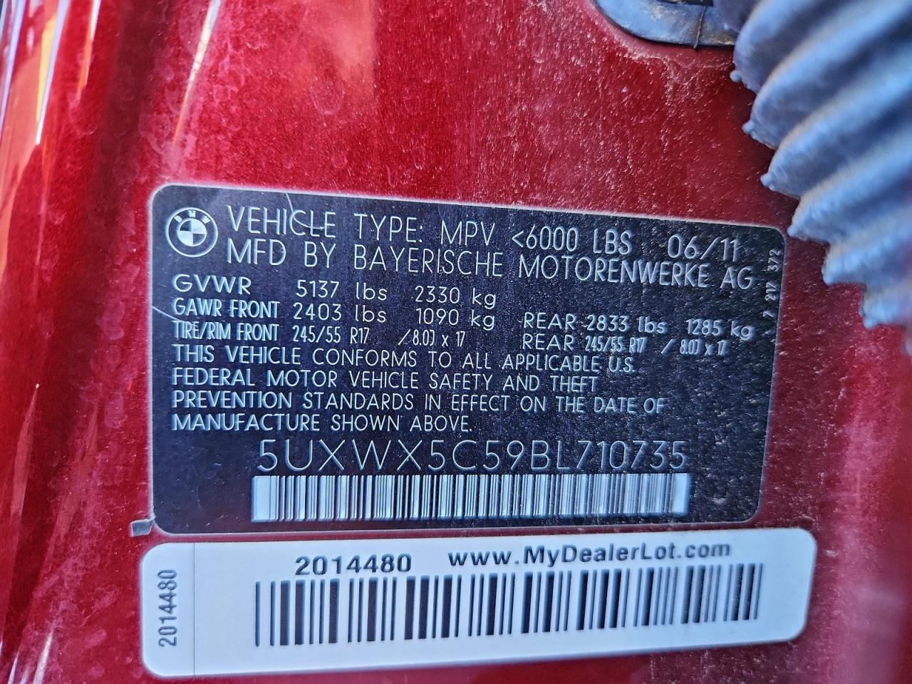 2011 BMW X3 xDrive28I VIN: 5UXWX5C59BL710735 Lot: 95576985