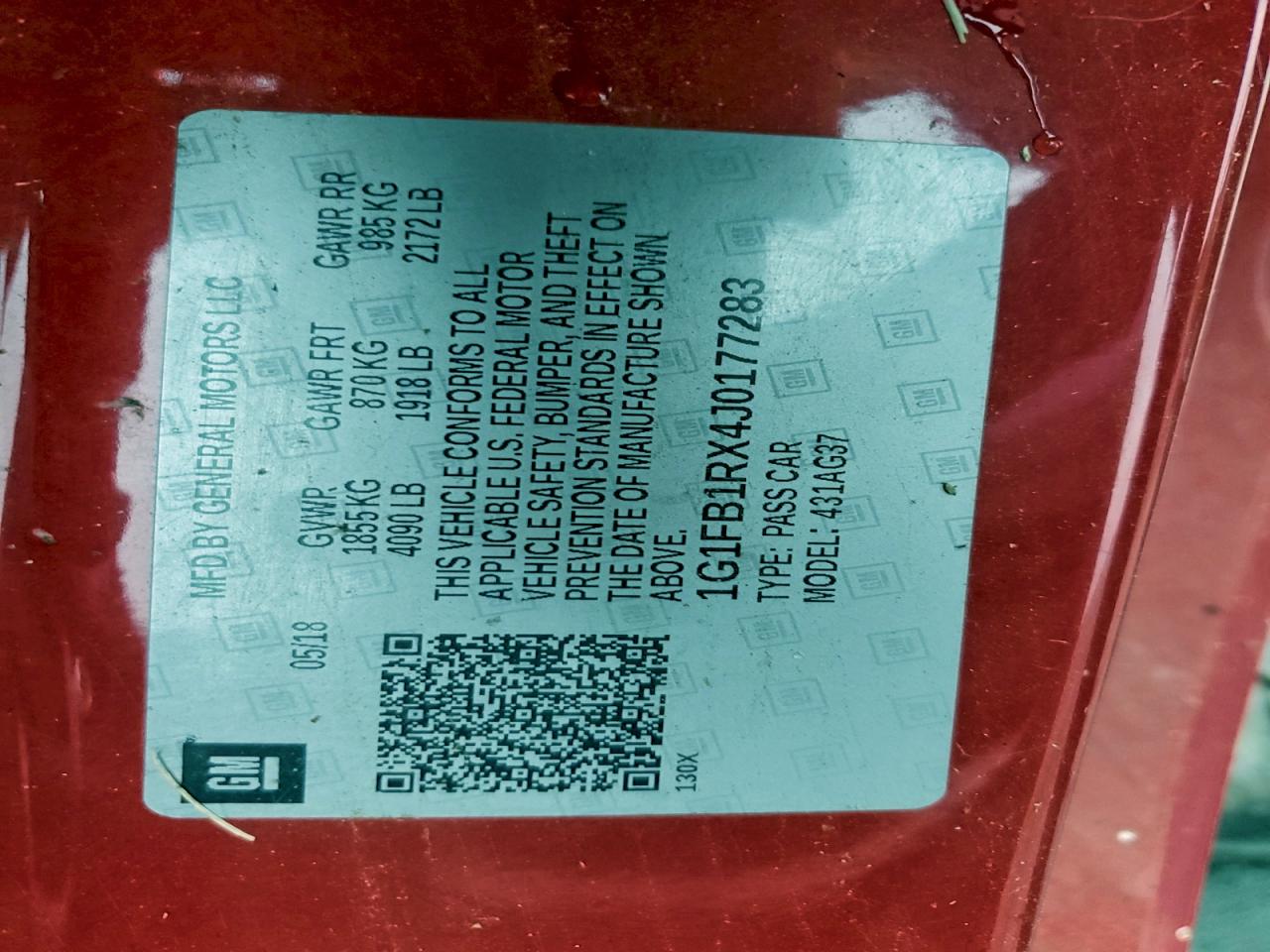 2018 Chevrolet Camaro Lt VIN: 1G1FB1RX4J0177283 Lot: 95491265