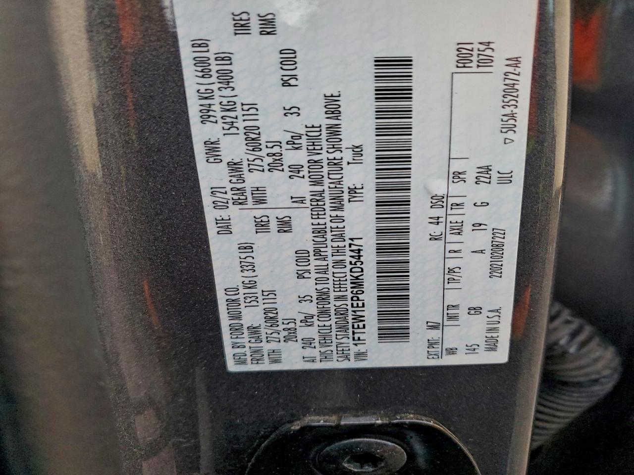 2021 Ford F150 Supercrew VIN: 1FTEW1EP6MKD54471 Lot: 97300635