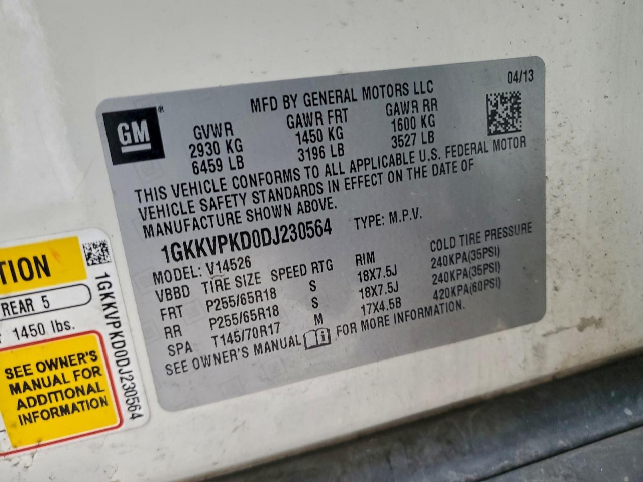 2013 GMC Acadia Sle VIN: 1GKKVPKD0DJ230564 Lot: 96087935