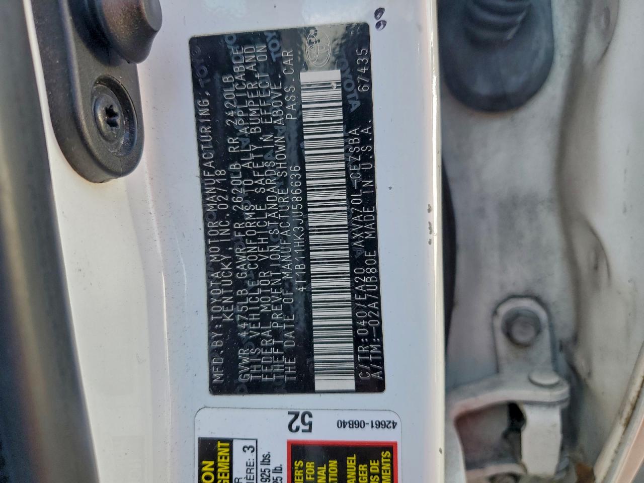 2018 Toyota Camry L VIN: 4T1B11HK3JU586636 Lot: 95269685