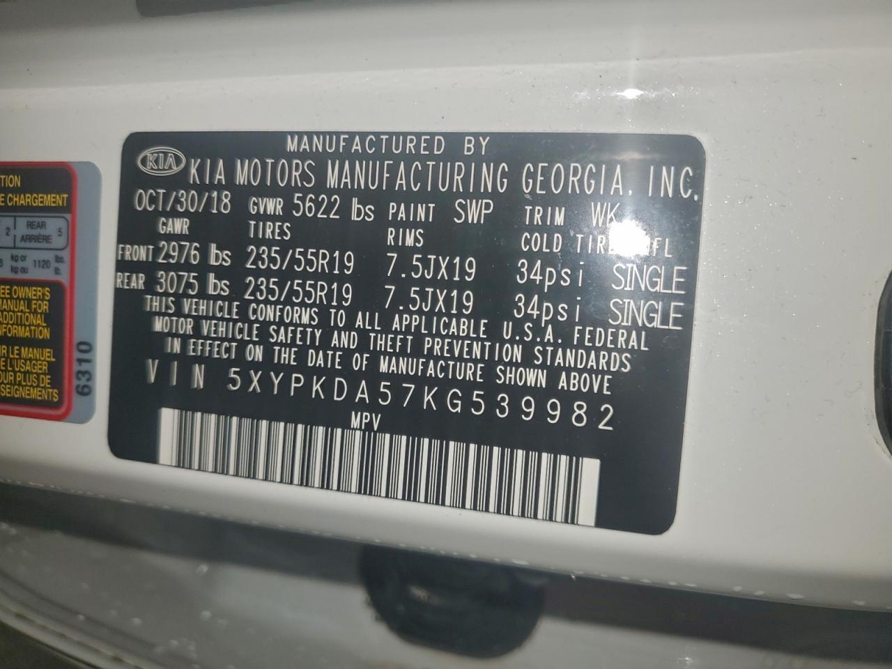 2019 Kia Sorento Sx VIN: 5XYPKDA57KG539982 Lot: 94144165