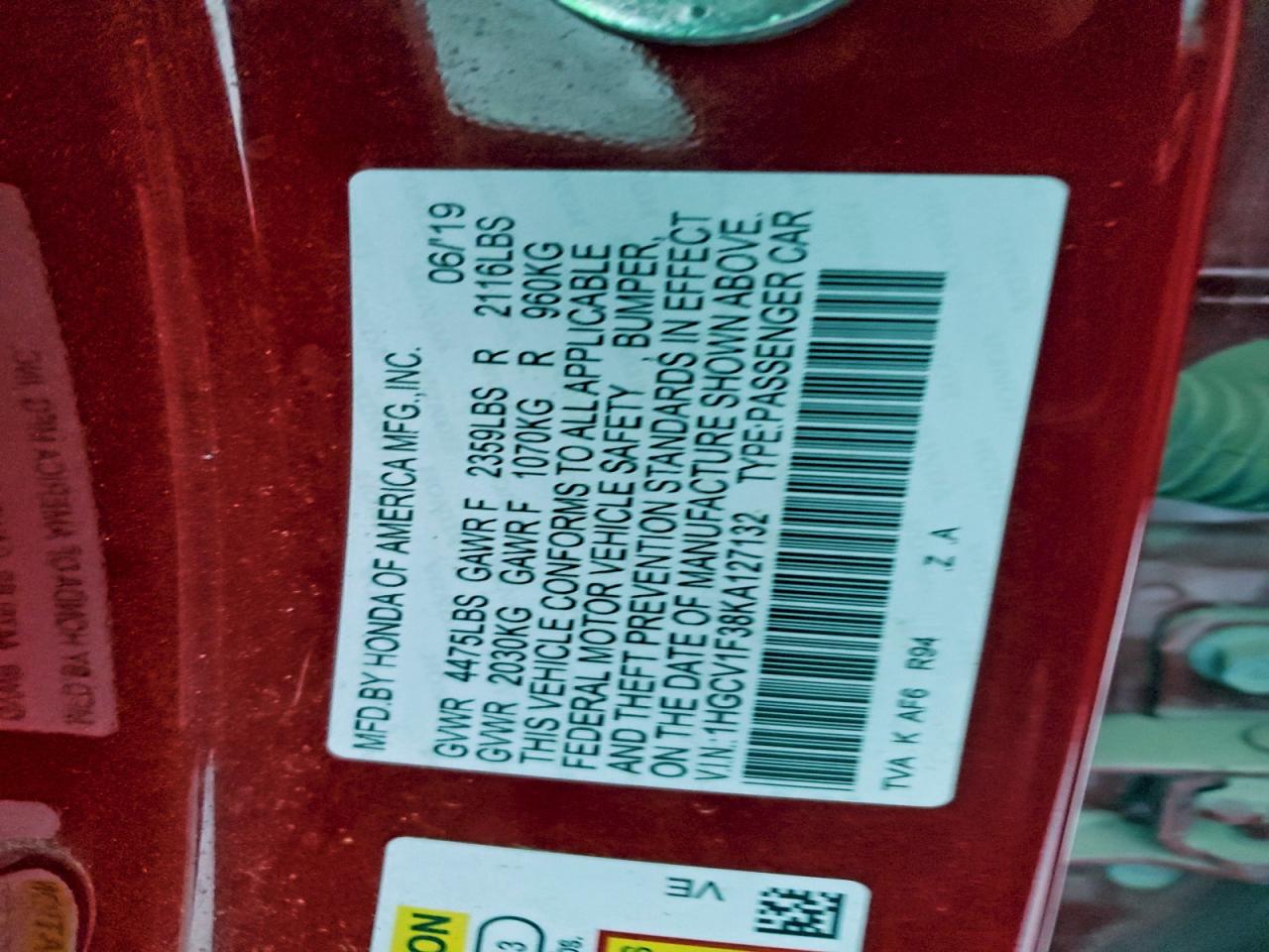 2019 Honda Accord Sport VIN: 1HGCV1F38KA127132 Lot: 94453595