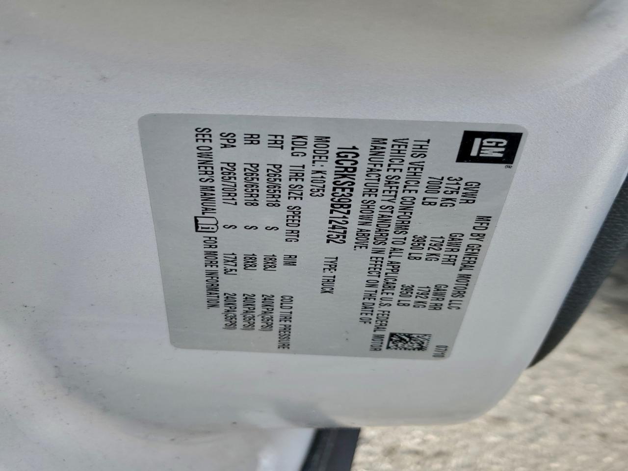 2011 Chevrolet Silverado K1500 Lt VIN: 1GCRKSE39BZ124752 Lot: 96125325