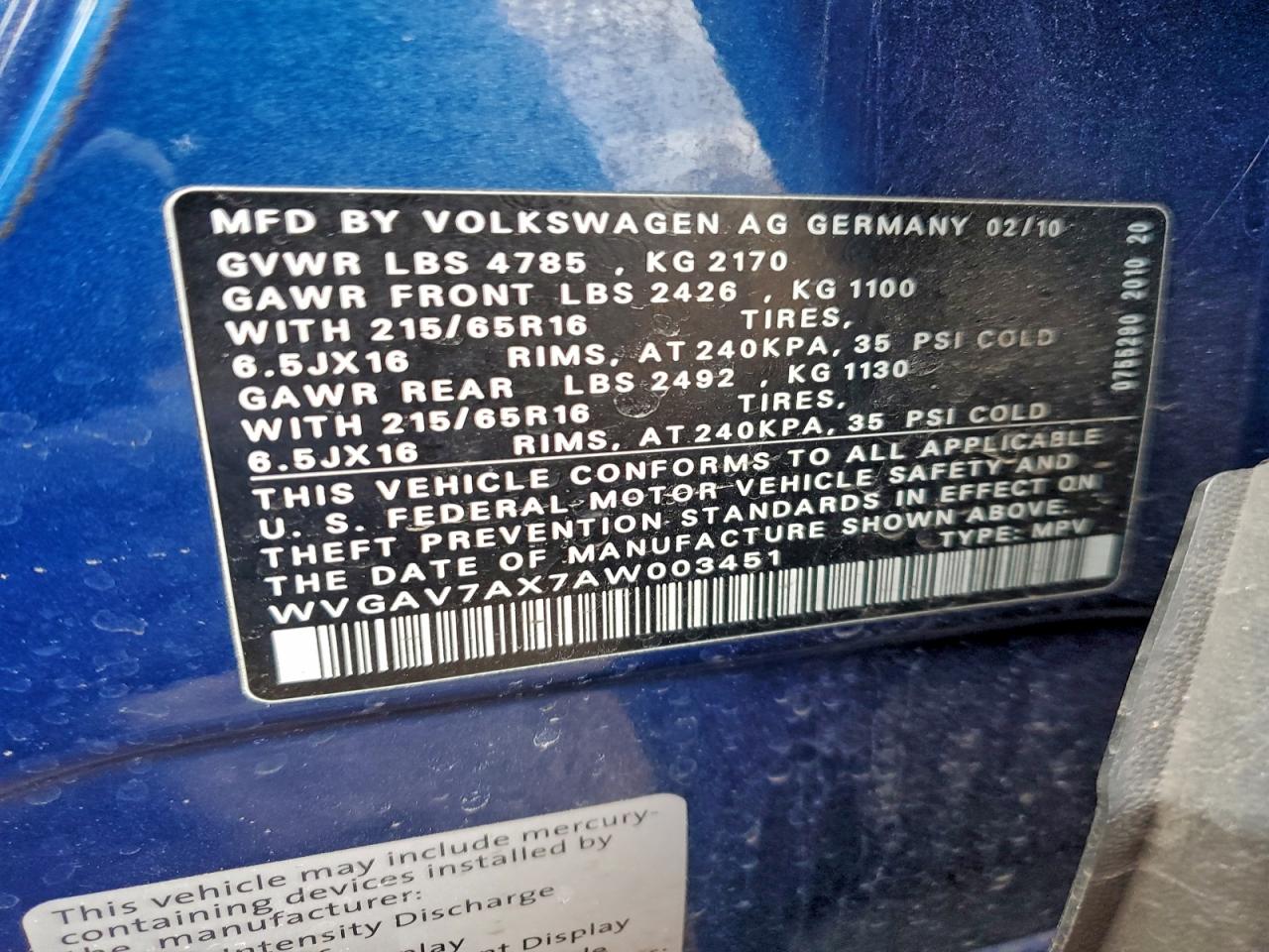 2010 Volkswagen Tiguan S VIN: WVGAV7AX7AW003451 Lot: 94698705