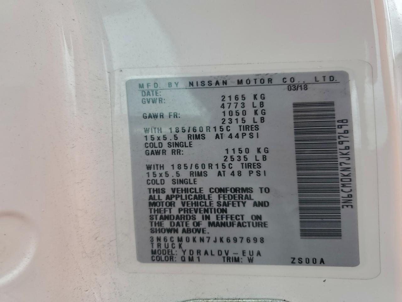 2018 Nissan Nv200 2.5S VIN: 3N6CM0KN7JK697698 Lot: 95553225