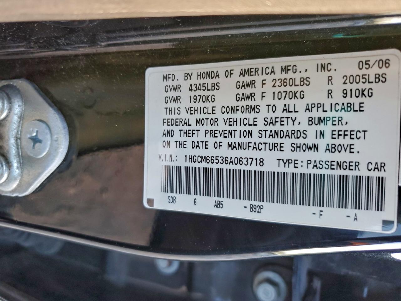 2006 Honda Accord Ex VIN: 1HGCM66536A063718 Lot: 96415585