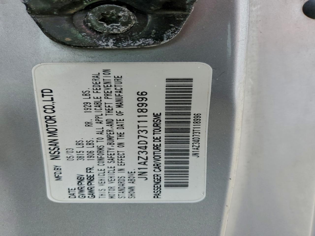 2003 Nissan 350Z Coupe VIN: JN1AZ34D73T118996 Lot: 94866715