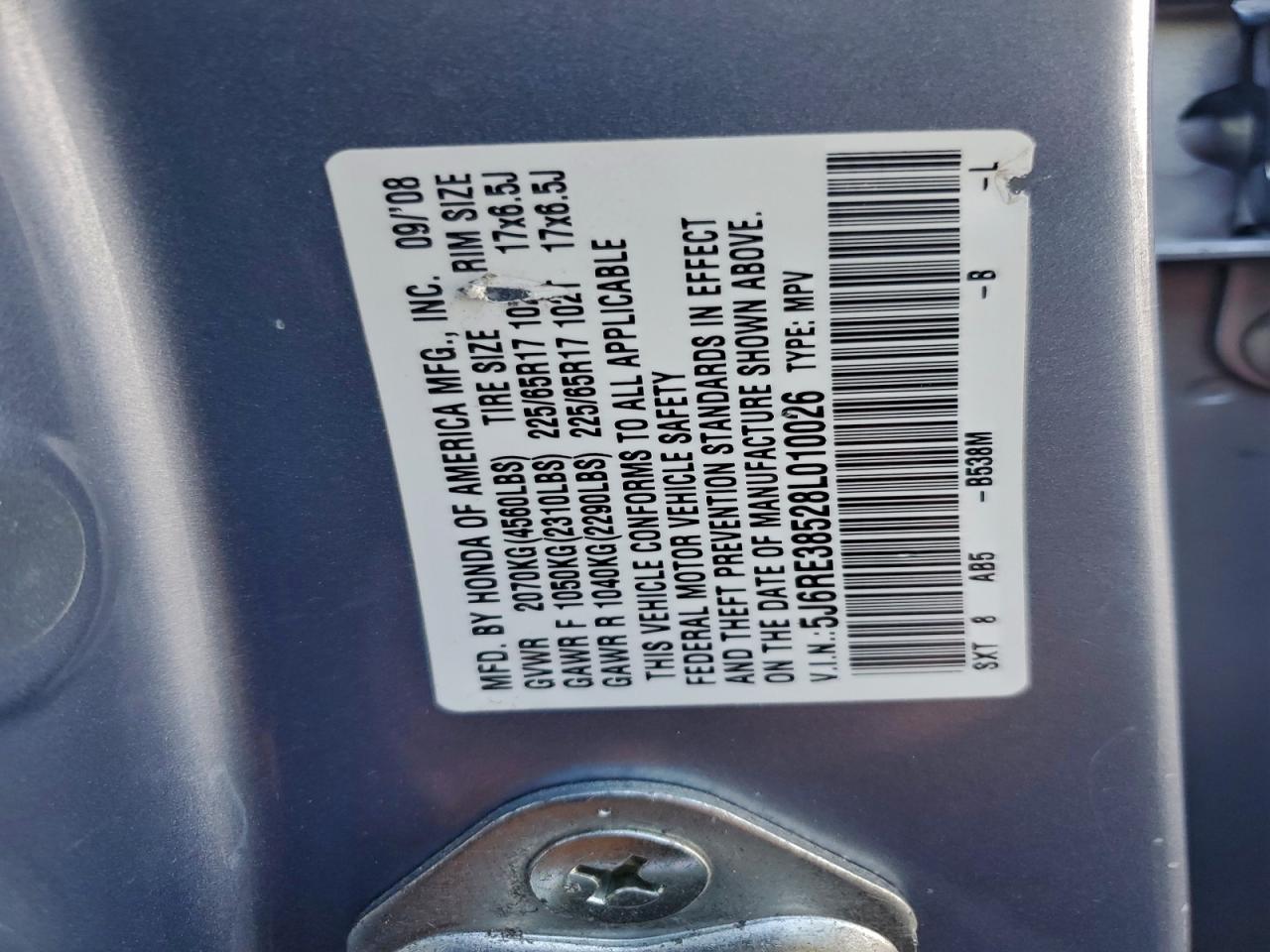 2008 Honda Cr-V Ex VIN: 5J6RE38528L010026 Lot: 95802985