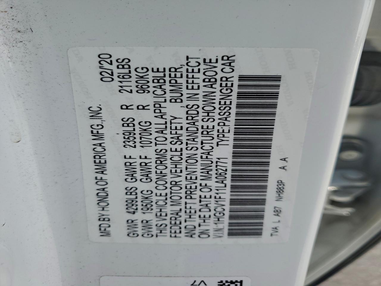 2020 Honda Accord Lx VIN: 1HGCV1F11LA062771 Lot: 95629925