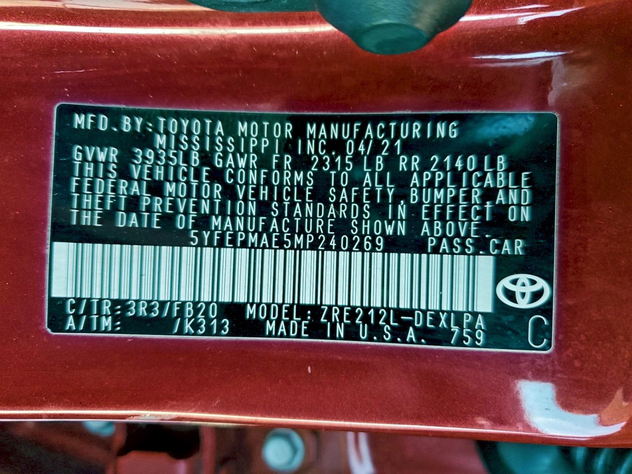 2021 Toyota Corolla Le VIN: 5YFEPMAE5MP240269 Lot: 96309845