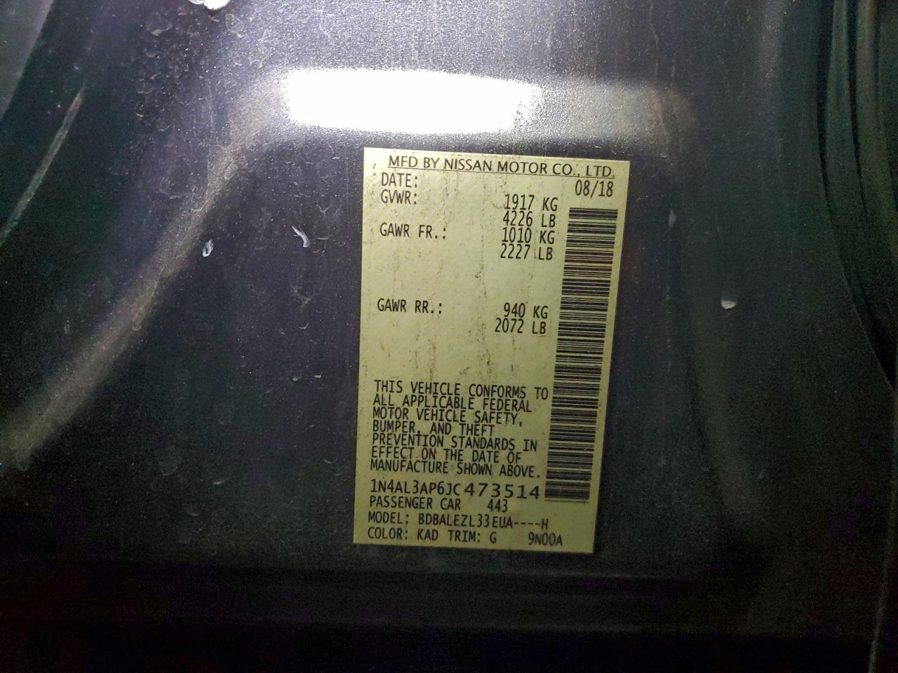 2018 Nissan Altima 2.5 VIN: 1N4AL3AP6JC473514 Lot: 96267945