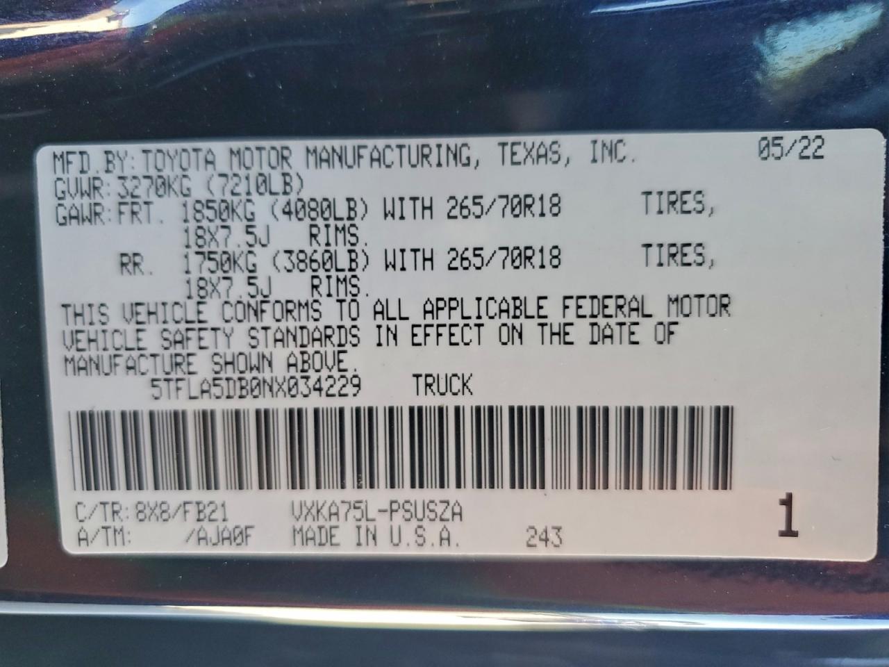 2022 Toyota Tundra Crewmax Sr VIN: 5TFLA5DB0NX034229 Lot: 96318825