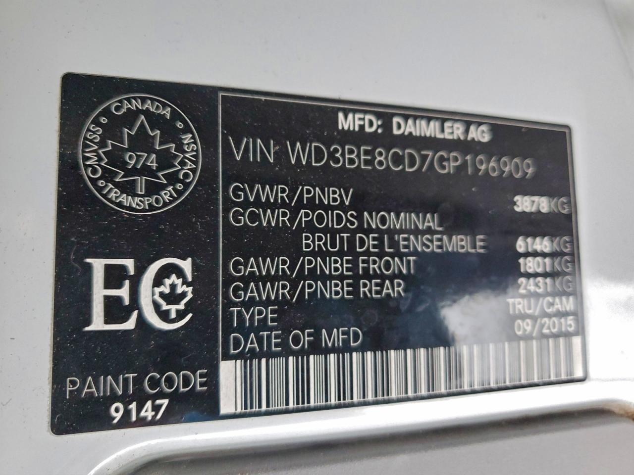 2016 Mercedes-Benz Sprinter 2500 VIN: WD3BE8CD7GP196909 Lot: 92654515