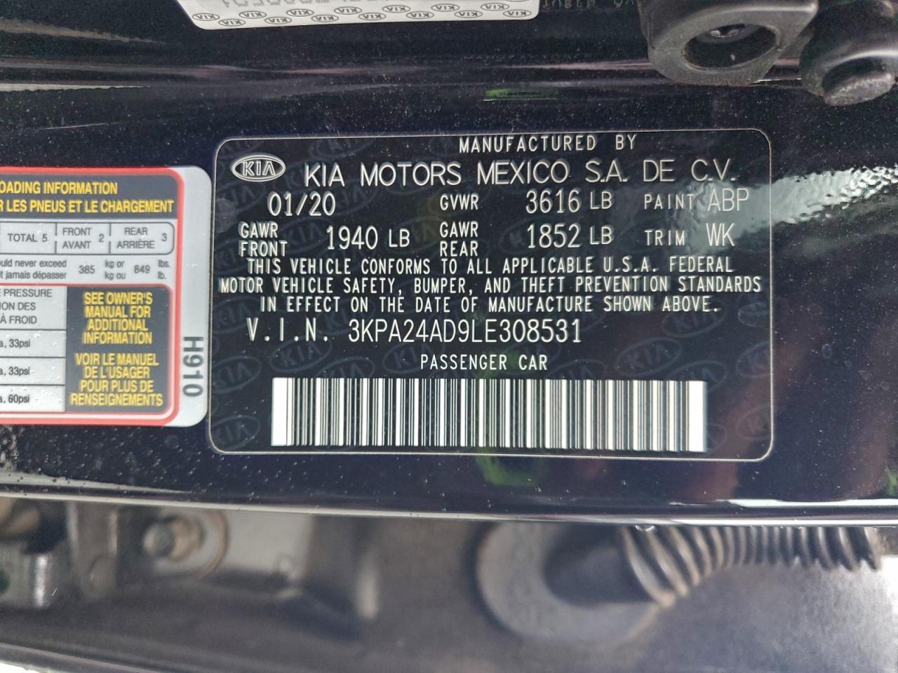 2020 Kia Rio Lx VIN: 3KPA24AD9LE308531 Lot: 94889195