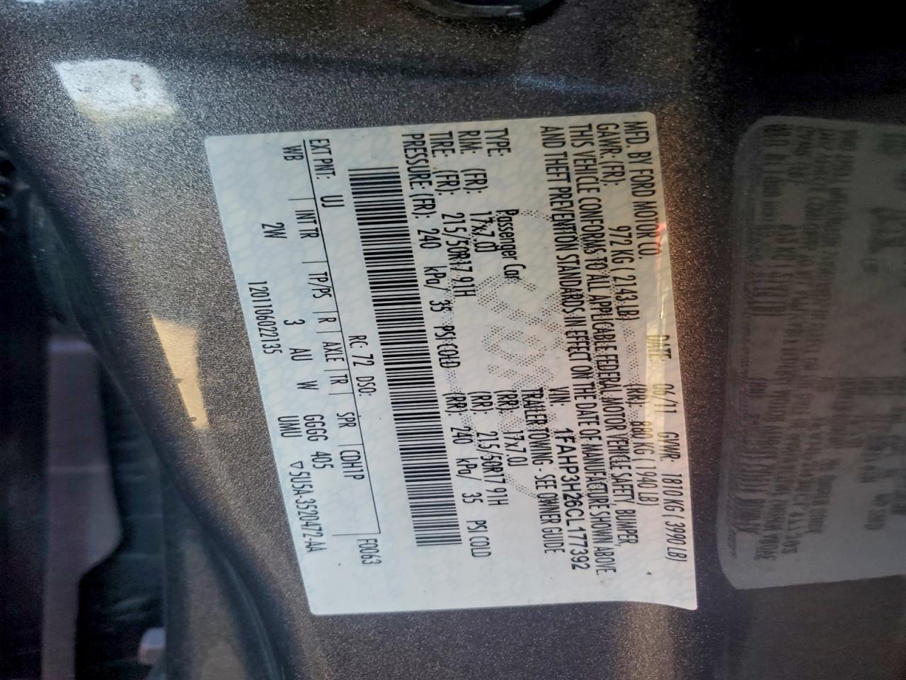 2012 Ford Focus Sel VIN: 1FAHP3H26CL177392 Lot: 95010915