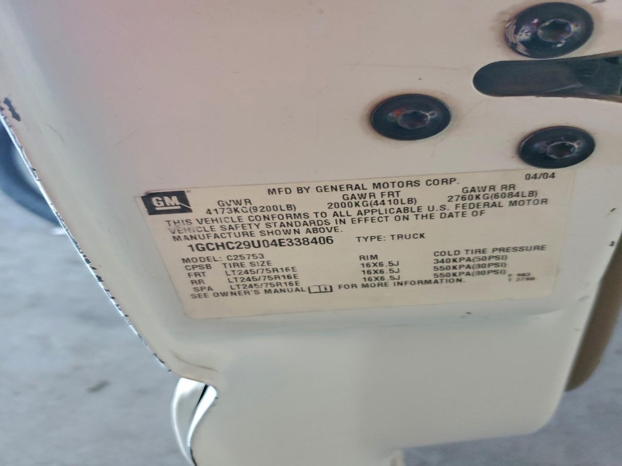 2004 Chevrolet Silverado C2500 Heavy Duty VIN: 1GCHC29U04E338406 Lot: 96553435