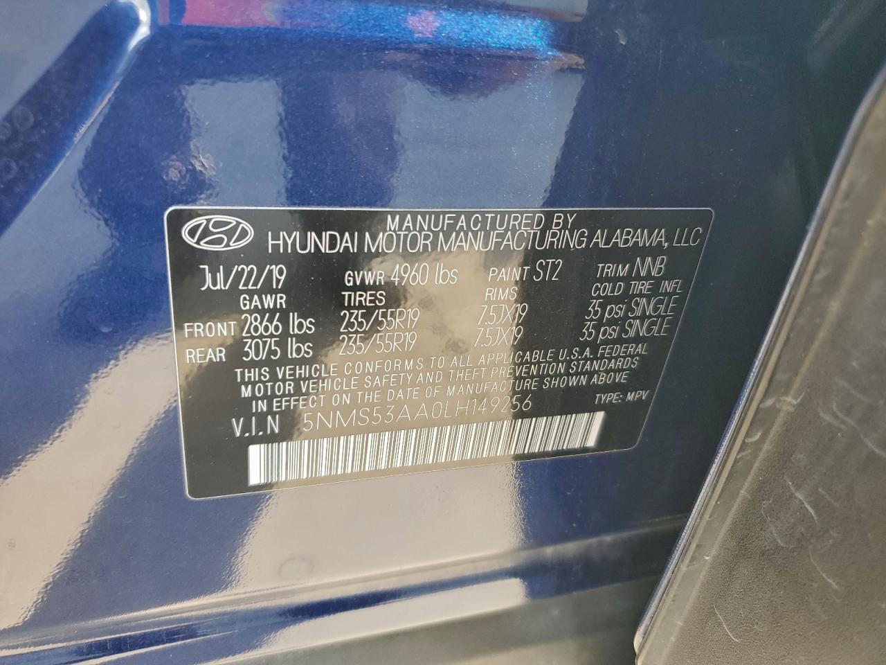 2020 Hyundai Santa Fe Limited VIN: 5NMS53AA0LH149256 Lot: 94119965