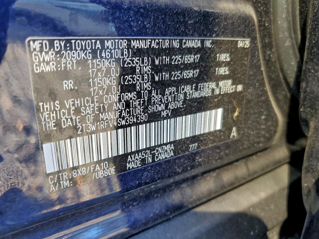 2025 Toyota Rav4 Xle VIN: 2T3W1RFV4SW394390 Lot: 98149915