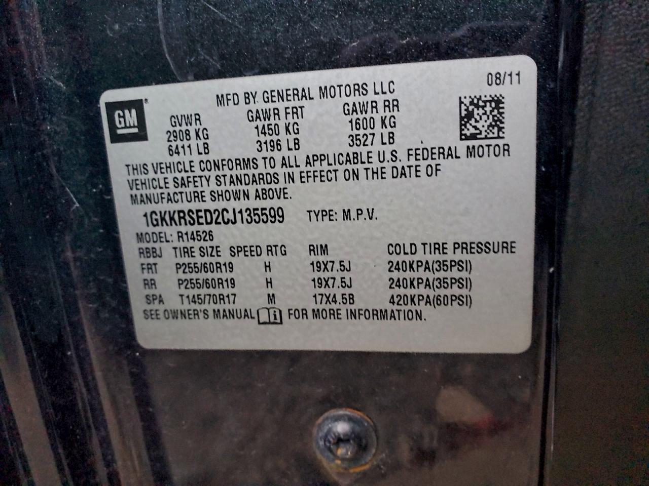 2012 GMC Acadia Slt-2 VIN: 1GKKRSED2CJ135599 Lot: 95030825