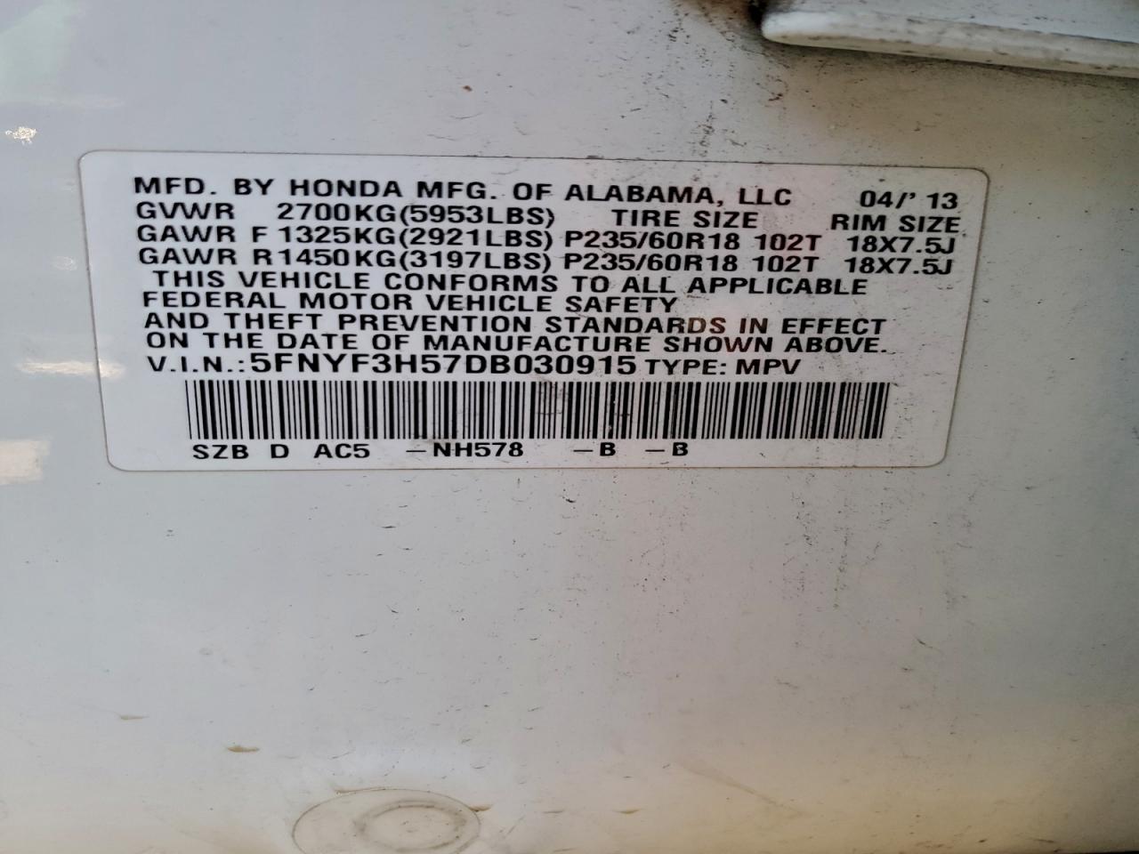 2013 Honda Pilot Exl VIN: 5FNYF3H57DB030915 Lot: 94770075