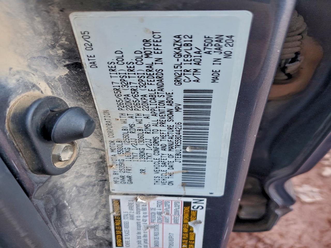 2005 Toyota 4Runner Limited VIN: JTEBU17R558044216 Lot: 92855845