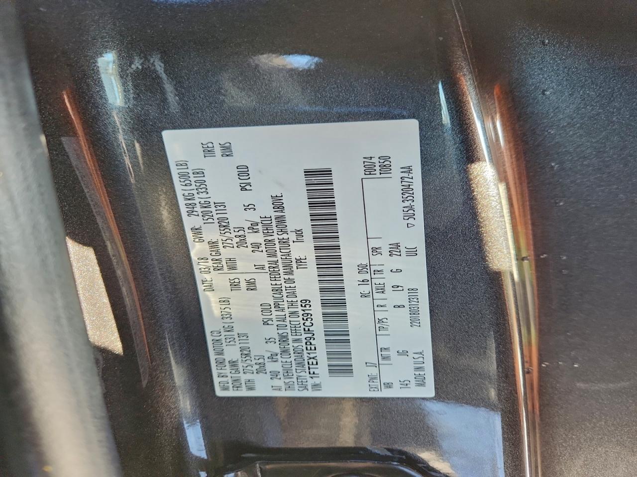 2018 Ford F150 Super Cab VIN: 1FTEX1EP9JFC59159 Lot: 96792225