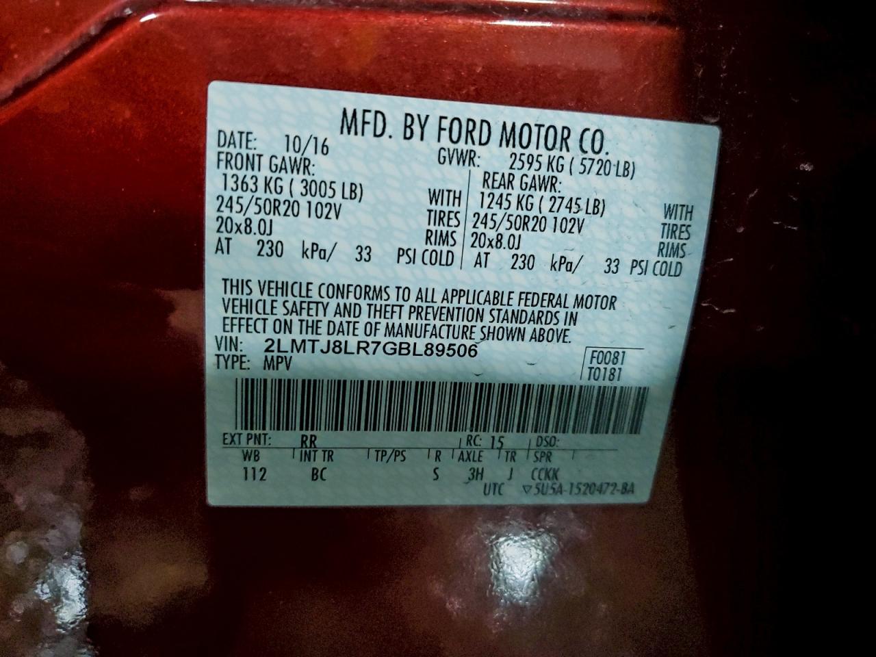 2016 Lincoln Mkx Reserve VIN: 2LMTJ8LR7GBL89506 Lot: 95734515