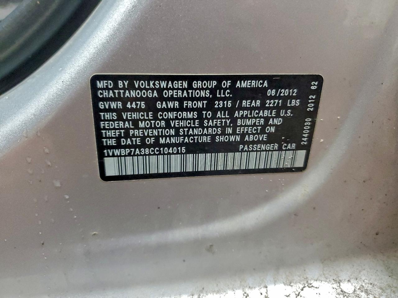 2012 Volkswagen Passat Se VIN: 1VWBP7A38CC104015 Lot: 94489905