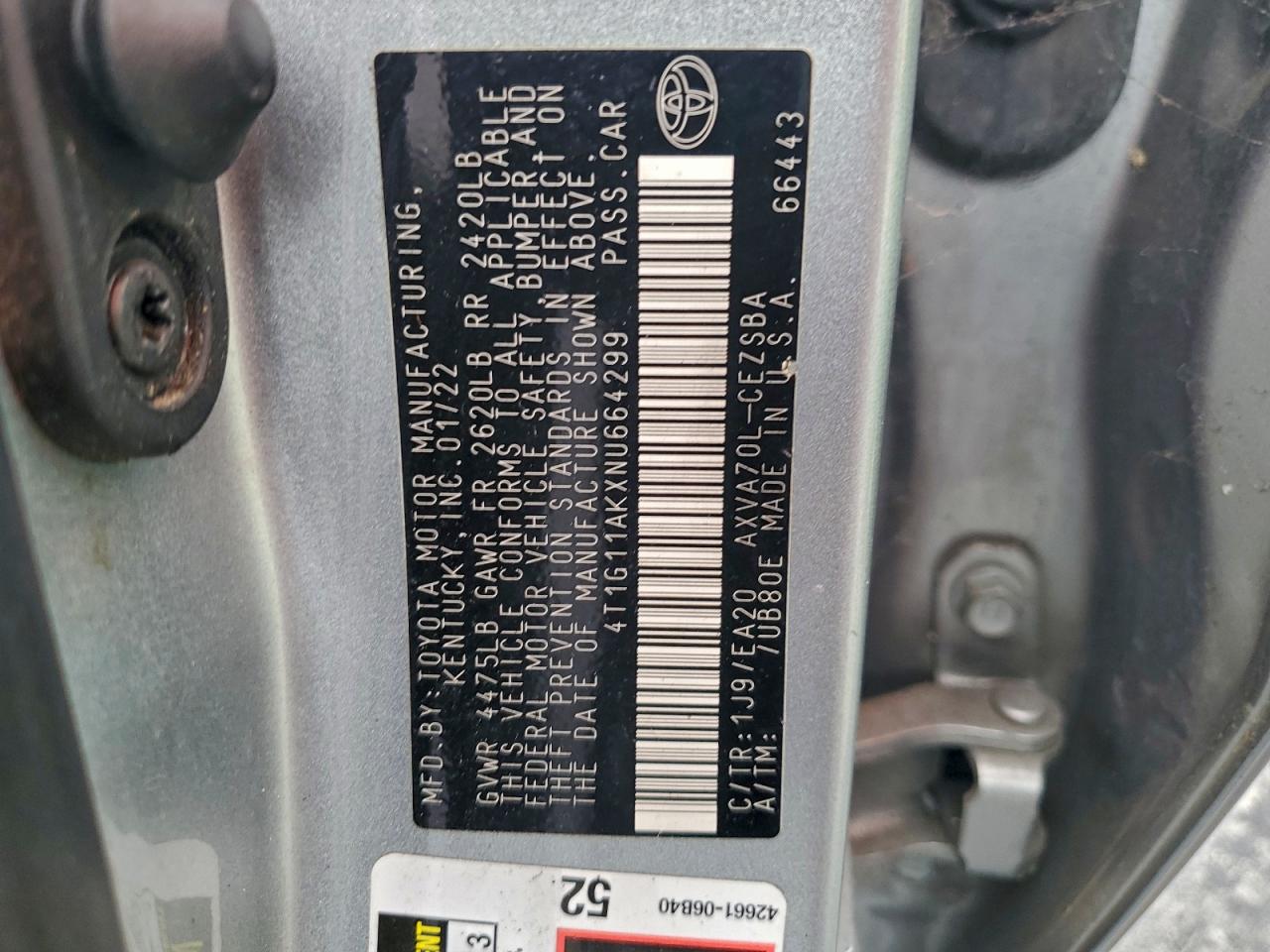 2022 Toyota Camry Se VIN: 4T1G11AKXNU664299 Lot: 95033015