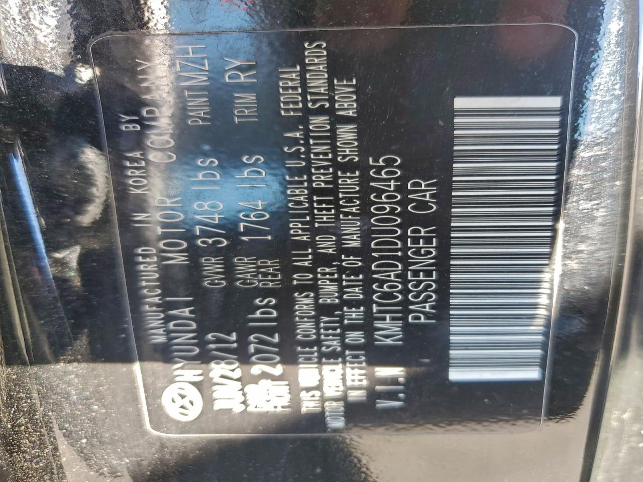 2013 Hyundai Veloster VIN: KMHTC6AD1DU096465 Lot: 94410215