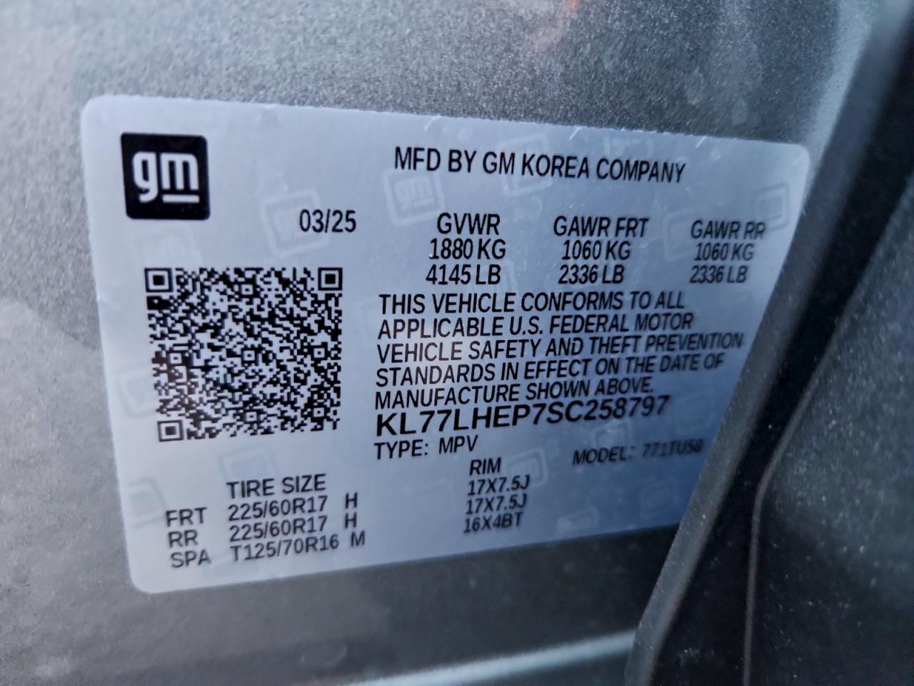 2025 Chevrolet Trax 1Lt VIN: KL77LHEP7SC258797 Lot: 95000475