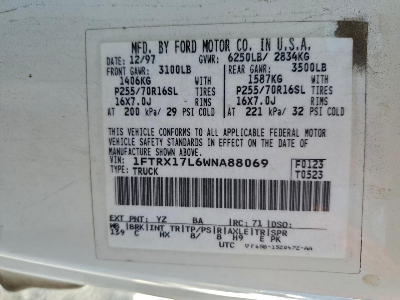 1998 Ford F150 VIN: 1FTRX17L6WNA88069 Lot: 93772075