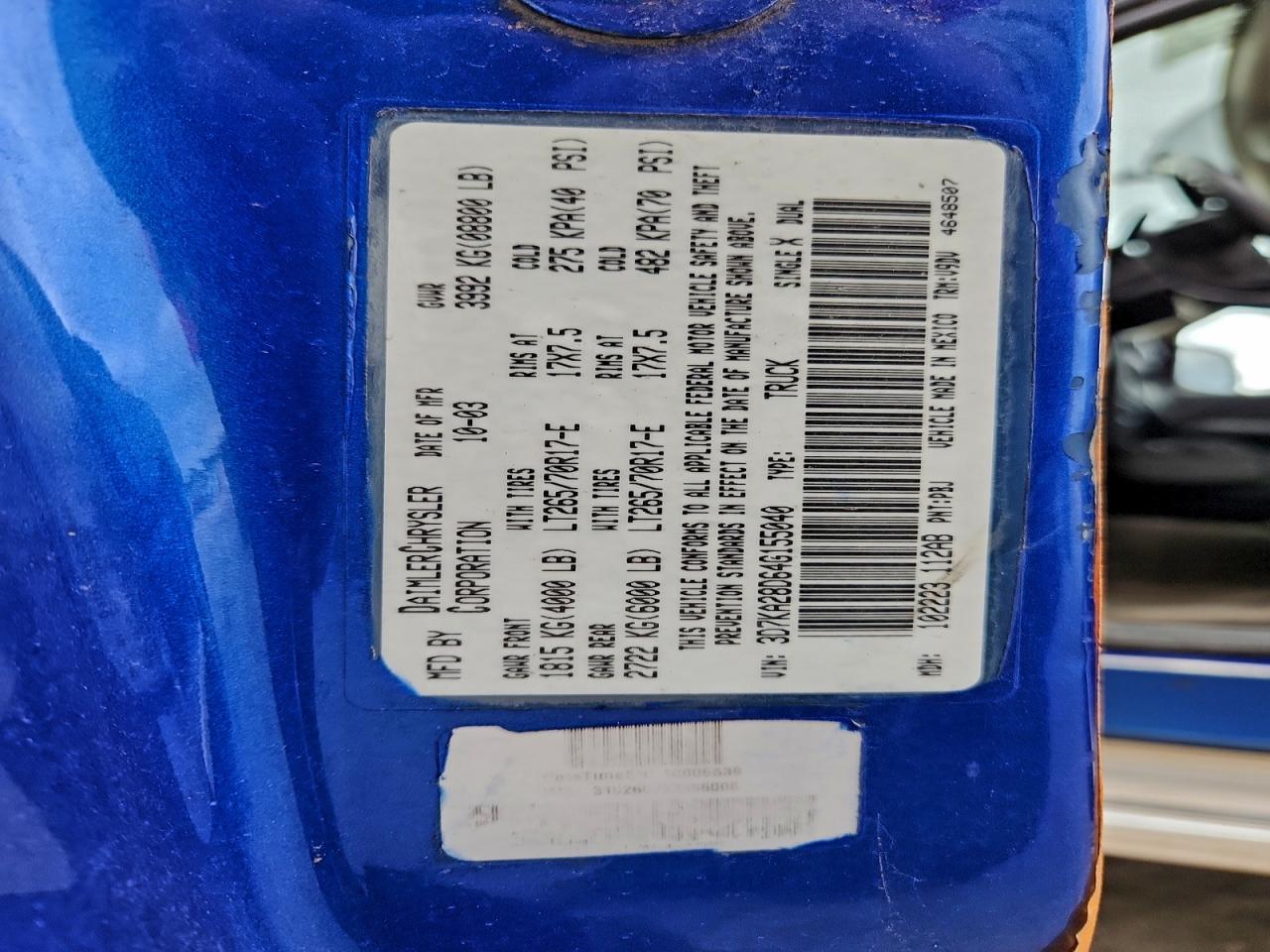 2004 Dodge Ram 2500 St VIN: 3D7KA28D64G155040 Lot: 97370685