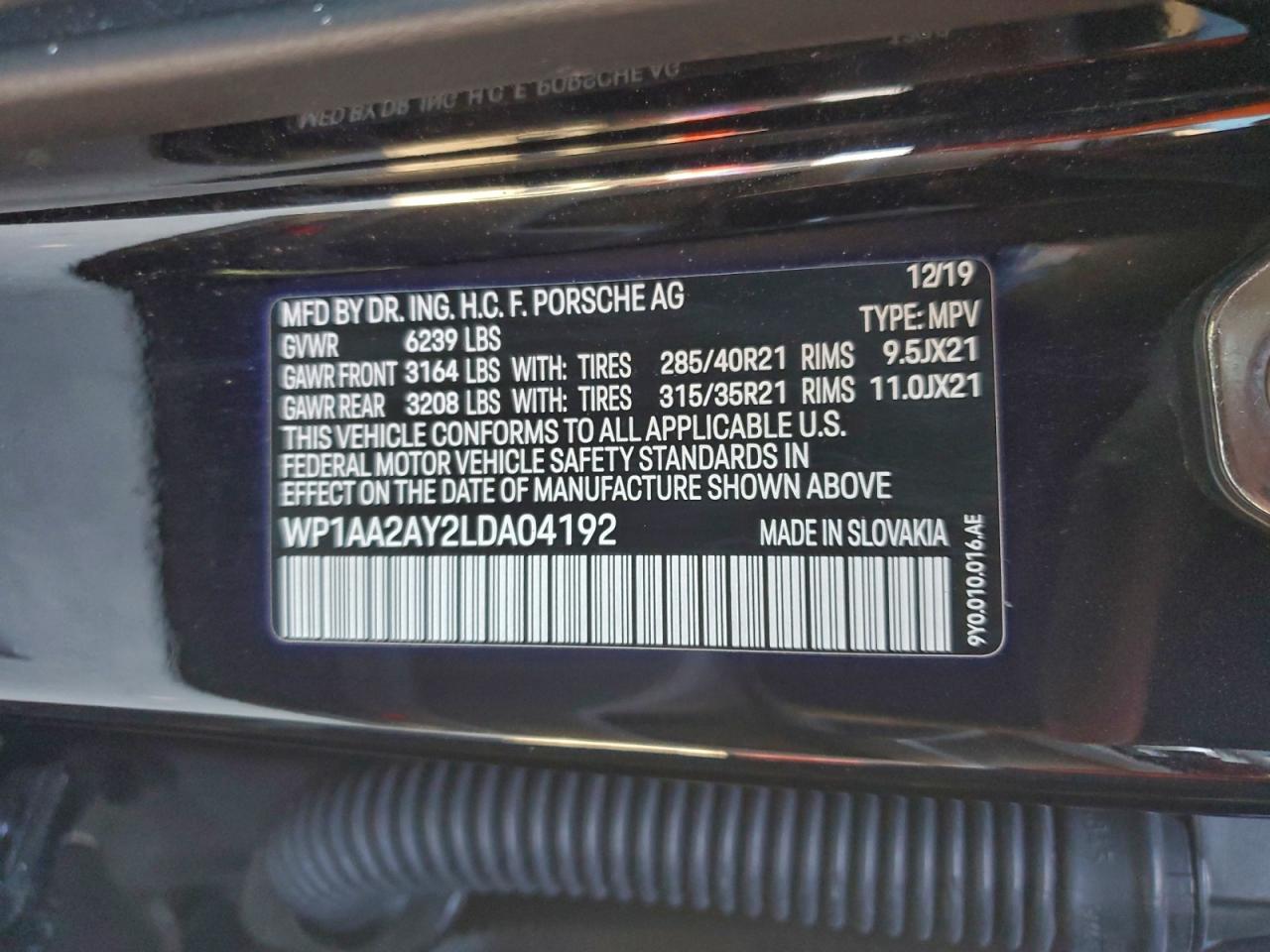 2020 Porsche Cayenne VIN: WP1AA2AY2LDA04192 Lot: 89684875